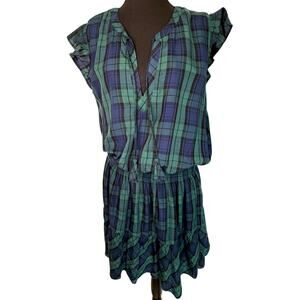 Vineyard Vines Blue Green Plaid Ruffle Sleeve Mini Dress Size L Coastal Preppy